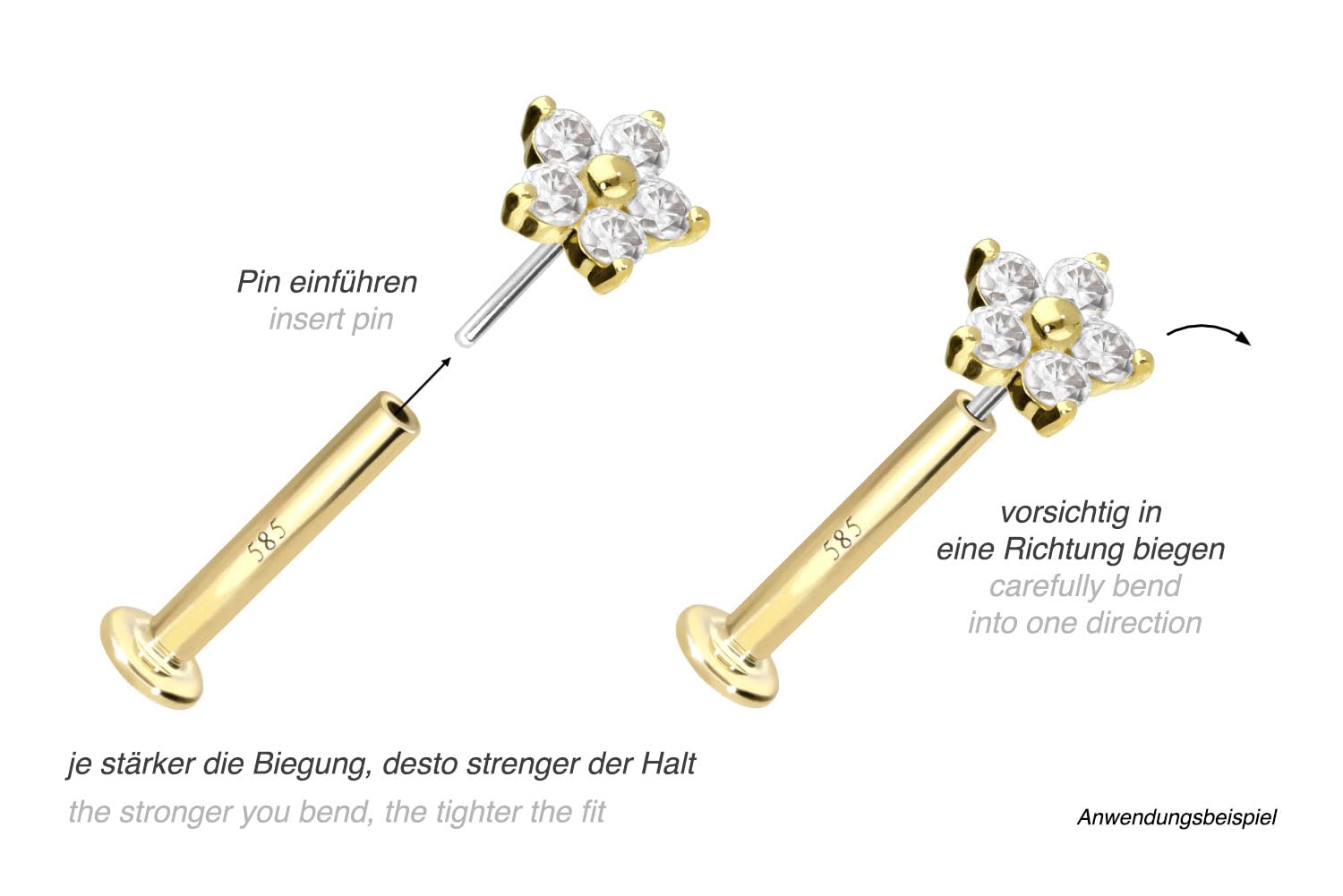PIERCINGLINE 14 Karat Gold Labret Ohr Piercing mit Push Fit MOISSANIT BLUME 0,075 kt Farb & Größenauswahl