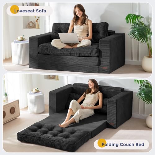 Image of MAXYOYO Convertible Sofa Bed, Pull Out Loveseat Sofa Couch, 2 in 1 Folding Couch Bed, Fold Out Floor Couch with Pillows for Living Room Bedroom Lounge, Black