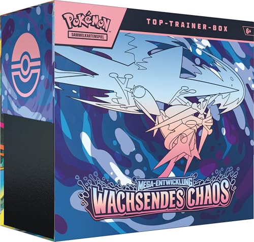 Juego de Cartas coleccionables Pokémon: Caja de Entrenador Top Mega-Evolución – Creciente Caos (1 Tarjeta Promocional de Imagen Completa, 9 Paquetes Booster y Accesorios Premium)
