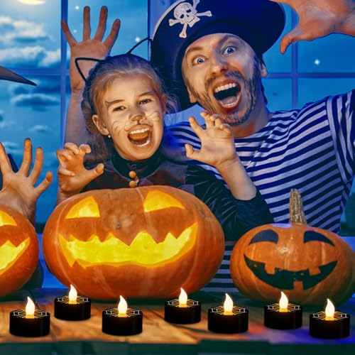 Image of Black Halloween Tea Lights Candles with 6H Timer, Flameless Candles with Spider Web Flickering, LED Candles Battery Operated 12 Pack Φ 1.5 inch H 1.4 inch for Fall Halloween Decorations