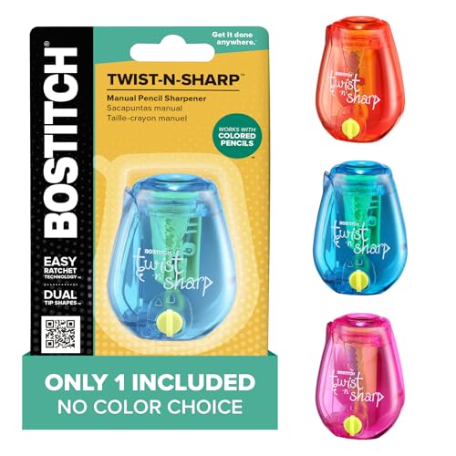 Bostitch Office Pencil Sharpener, 1 Random Color, Twist-n-Sharp, Kids & Colored Pencils, (PS1-ADJ)