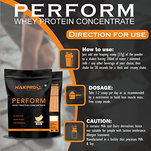 Image of NAKPRO PERFORM Whey Protein Concentrate | 23.1g Protein, 5.7g BCAA | Added Digestive Enzymes | Easy Mixing, Easy Digesting, Fast Absorbing Whey Protein Powder for Men & Women | 1 Kg Banana Flavour (30 Servings)
