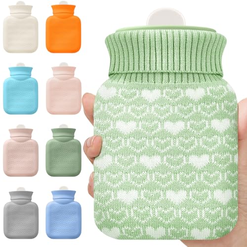 Amylove Mini Hot Water Bottle with Knitted Cover 320ml, Mother's Gift Water Bag for Women, Microwave Heating Bottle for Pain Relief Menstrual Cramps Travel(Green)