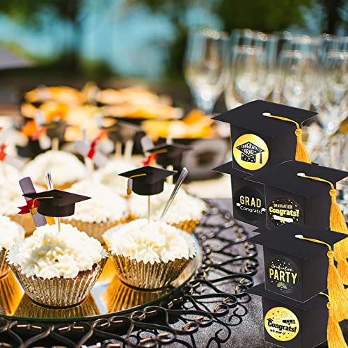 Image of BESSEEK 30Pcs Graduation Cap Gift Boxes, Black Graduation Cap Shaped Candy Boxes with Yellow Tassel, Graduation Decorations for Graduation Ceremony Party