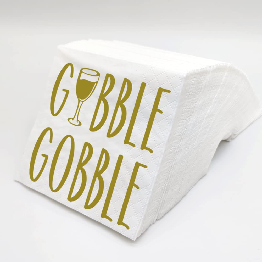 SharkBliss Thanksgiving Napkins, 100 Pack Gobble Gobble Gobble Disposable Paper Beverage Cocktail Napkins for Turkey Holiday Harvest Fall Party Friendsgiving Table Decor 2-Ply, 5x5" (Gobble Gold)