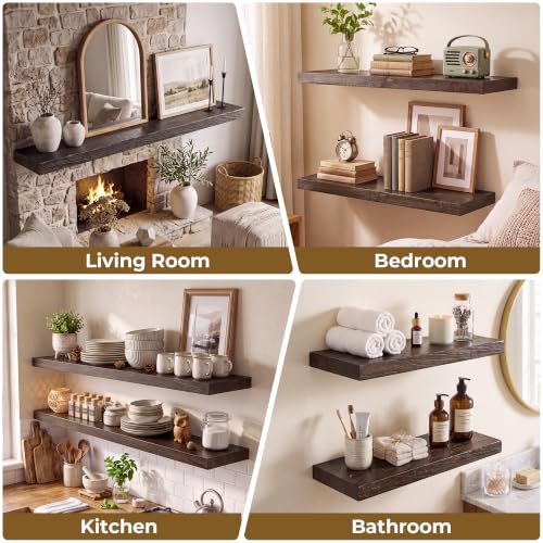 Image of RICHFOCUS Elm Floating Shelves for Wall - 40 inch W x 9.3 inch D Rustic Solid Wood Shelves with Invisible Bracket, Wall-Mounted for Living Room, Bedroom, Kitchen Storage & Display, Set of 1, Walnut
