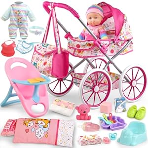 Baby Doll Stroller Toys Set with 12.5″ Baby Doll,Dining Chair,Quilt Pillow,24 PCS Baby Doll Accessories and 2 Sets Doll Clothes,Baby Stroller Toys for Girls Toddlers 3-5 4-6 Gifts for Pretend Play