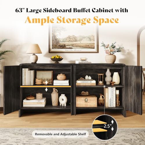 Image of AMERLIFE 63 inch Fluted Sideboard Buffet Cabinet with Storage, Modern Credenza Console with 4 Doors & Adjustable Shelves, Wood Coffee Bar for Kitchen, Living Room, Hallway, Black
