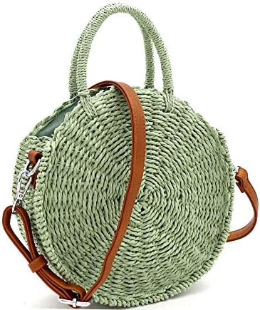 Vegan Leather Shoulder Strap Medium Natural Straw Rattan Satchel Tote Crossbody (Medium Round 2 Way Satchel - Moss Green)