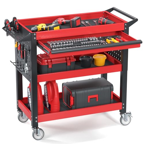 XCX 3 Tier Tool Cart on Wheels, Heavy Duty Metal Rolling with Drawers and Pegboards, 660 LBS Load...