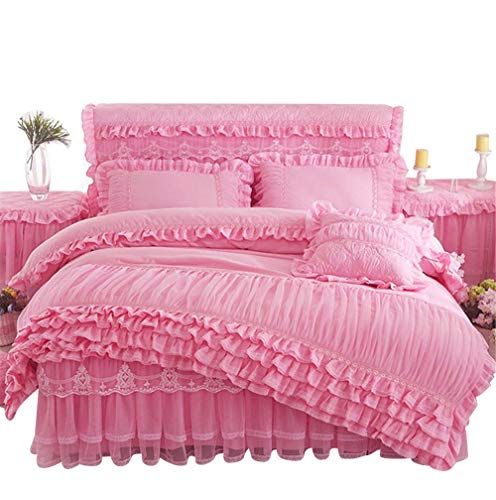 Lotus Karen Pink Princess Duvet Cover Set Full Size Ruffles with Lace Bedding Set for Girls Romantic Korean Style Bed Set (1Duvet Cover, 2Pillowcases)