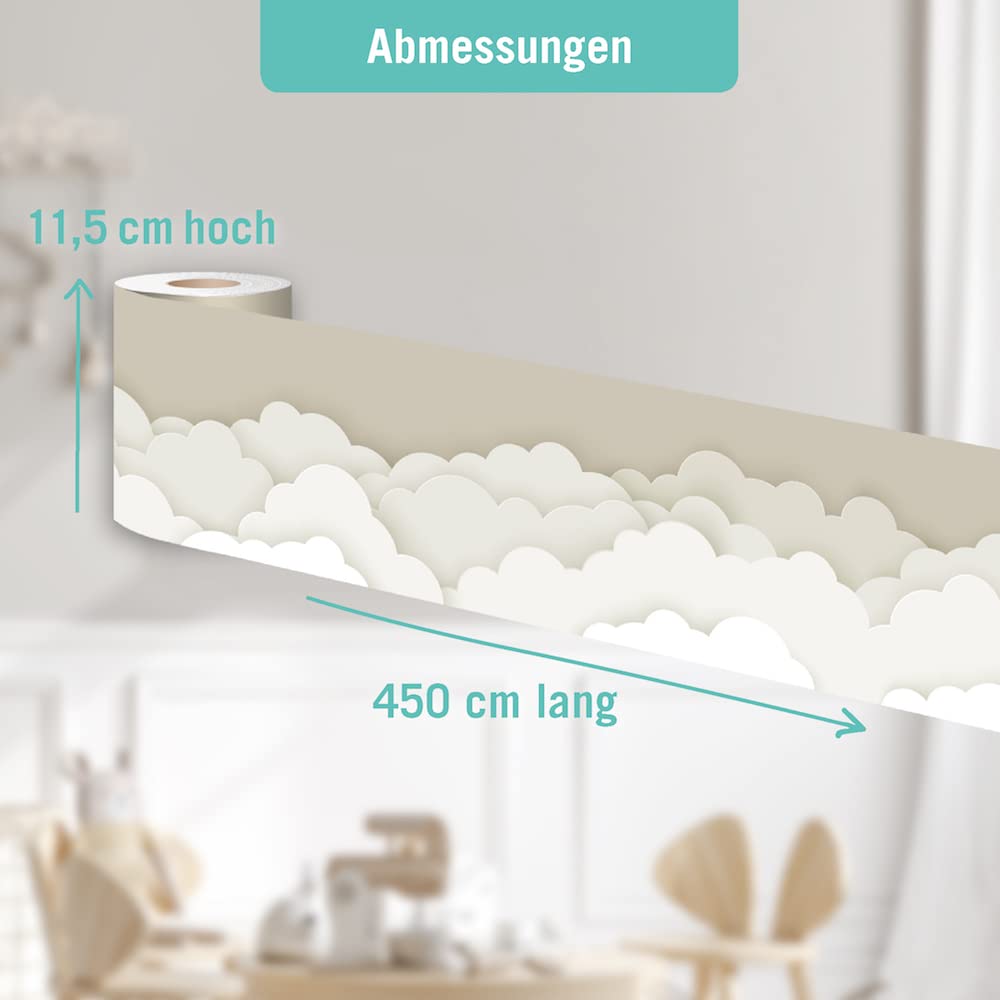 Bordo autoadesivo per cameretta dei bambini con le Nuvole in Cielo beige, 450 x 11,5 cm, decorazione da parete per ragazze e ragazzi