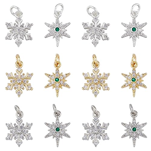 SUPERFINDINGS 12Pcs 6 Style Brass Star Snowflake Pendants Mixed Color Cubic Zirconia Charm with Jump Ring Plating Winter Christmas Pendant for Jewelry Making Hole: 3.5mm