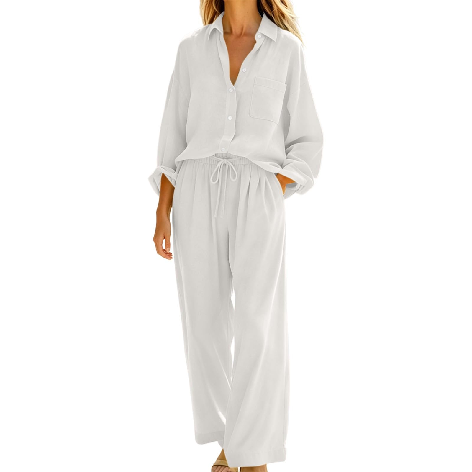 Completo estivo da donna, in lino, 2 pezzi, pantaloni lunghi estivi | Camicia in lino traspirante e pantaloni in lino, abbigliamento casual, tinta unita, set con camicetta in lino, leggera