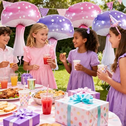 Image of Vuzvuv 35 Inches Blue Pink Foil Mushroom Balloons, Video Game Mushrooms Party Decoration for Birthday, Theme Parties, Spring Holiday Picnic, Forest Plant Theme Decor(4Pcs)
