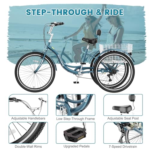 Image of Adult Tricycle, 7 Speed Adult Trike, 20 /24 /26 inch 3 Wheel Bike with Basket | Low Step-Through Frame, Wide Seat with Backrest, 350 lbs Capacity, Tricycle for Adults, Seniors, Women and Men