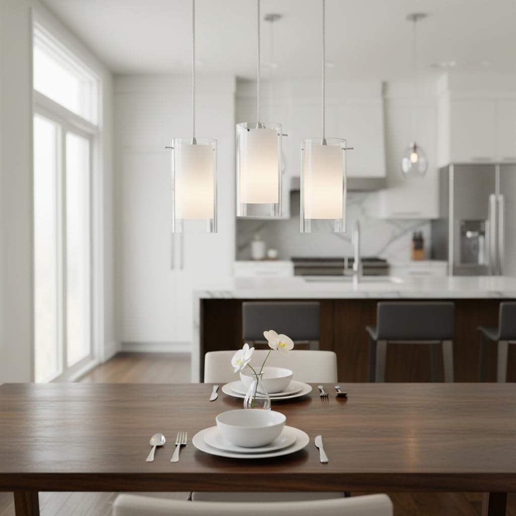AKEZON 1-Light Pendant Light, Indoor Glass Hanging Light Fixture, Adjustable Height Pendant Lights Kitchen Island, Modern Brushed Nickel Finish for Kitchen Dining Room