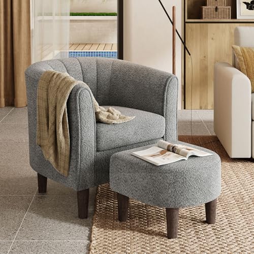 LINSY Accent Chair Ottoman Set: Chenille Barrel Chair with Foot Rest, Mid-Century Modern Small Reading Chair Upholstered Armchair with Footrest for Living Room Bedroom Study Room Office