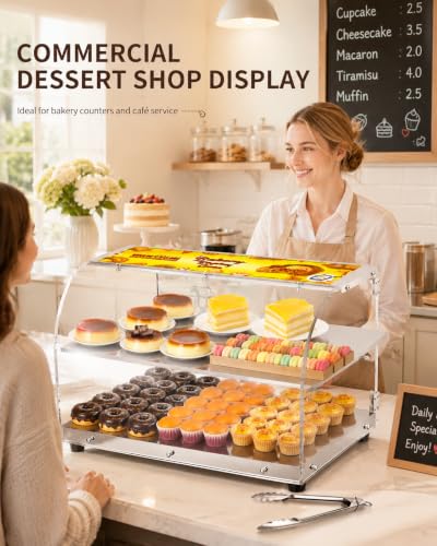 Image of WantJoin Pastry Display Case, 22-inch 2-Tier Countertop Display Case with Magnetic Doors & 3 Trays, Acrylic Commercial Food Display for Bakery, Bread, Dessert, Stainless