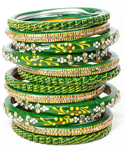 Image of Swara Creations Lah /Lac bangles red and yellow color Set, LAHTHI Churi zircon work for Women and Girls(14pcs)
