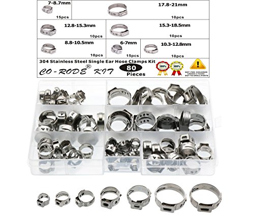 Hose Clamp, CO RODE 80pcs Stainless Steel Stepless Hose Clamps (Single Ear)