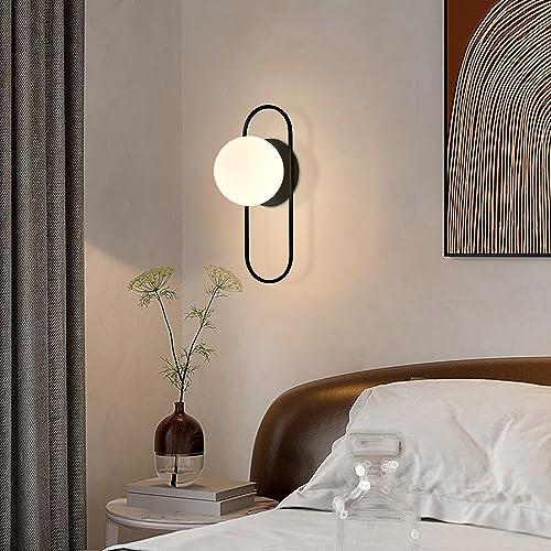 Image of Mid Century Modern Round Wall Sconce 1-Lights Black Globe Wall Sconce Lighting Minimalist Vanity White Glass Bathroom Wall Lamp Farmhouse Bedroom Bar Wall Light