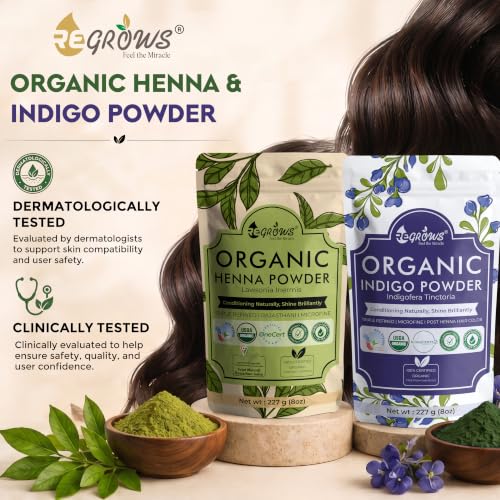 Image of ReGrows 100% Certified Organic Henna & Indigo Powder Combo | Natural Plant-Based Hair Color | USDA Organic Certified | No Ammonia | No PPD | Includes Application Kit | 227g + 227g
