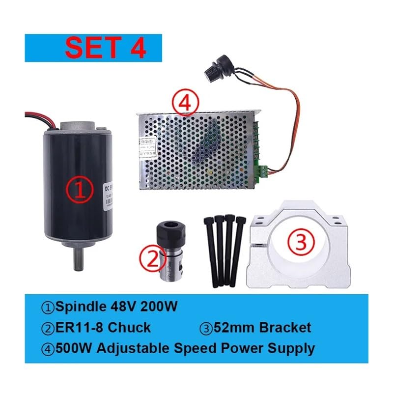 Spindel-Set, 200 W, 48 V Gleichstrom, 0 ~ 60 V DC, einstellbarer Drehzahlregler, Netzteil, sowohl 110 V AC als auch 220 V AC für Graviermaschine (48 V, 200 W, 4)