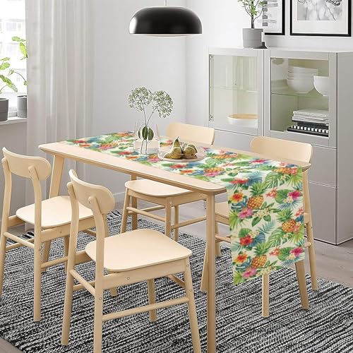 Hzohnago S1HRD5KCU7LK-7 Tropical Table Runner Summer Pineapple Fabric Green Plant Flower Pattern Table Runner Table Cloth Decoration Dresser Garden Farmhouse Wedding Party Vacation Dinner Home 13X36 Inches thumb #2