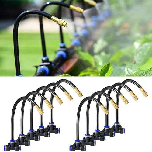 Image of 10 Pack 360 Adjustable Drip Irrigation Nozzles with Tee Connectors, Quick Connect Spray Emitters Compatible with 5 /16 inch (8mm) Irrigation Systems for Garden, Lawn, Greenhouse & Raised