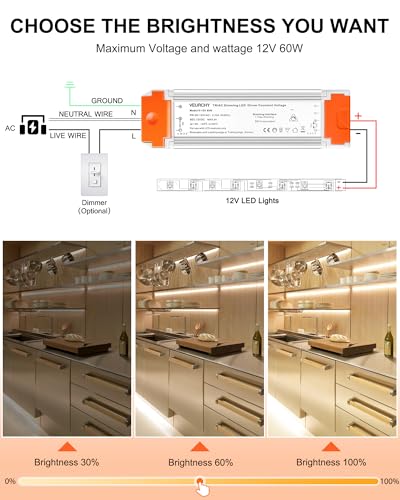Image of 60W 12V Dimmable LED Driver, Triac Transformer 60 watt AC 120V to DC 12V Compatible with Lutron Dimmer Switches, 12 Volt Led Dimmer Power Supply for Cabinet Strip Light Model Vec2 (Simplified Pack)