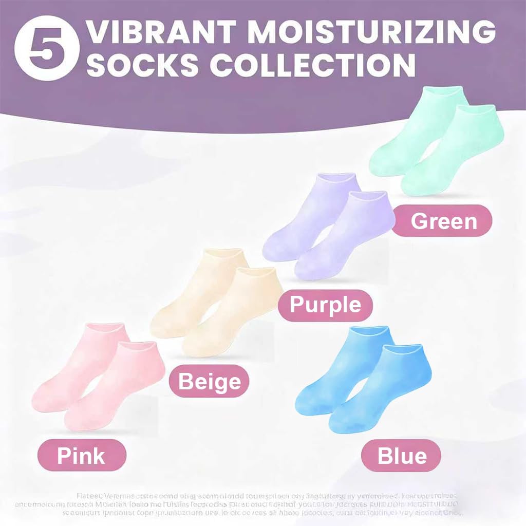 5 Pairs Silicone Socks for Dry Cracked Feet, Women's Foot Socks for Moisturizing, Cracked Heel Treatment (5 Colors Assorted, Fits Up to Size 11)(L)