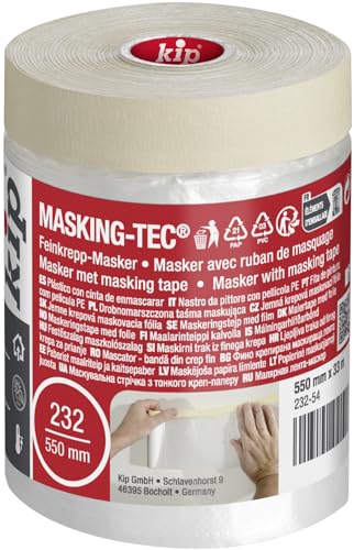 Kip Tape 232-54 Cinta de enmascarar de crepé fino - film de enmascarar con cinta de crepé para pintar y barnizar - protección contra manchas de pintura - 550mm x 33m