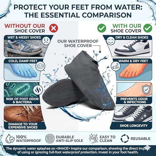 Image of Shoe Cover for Rain Waterproof, Silicone Shoe Covers Waterproof Reusable, Non Slip Rain Shoe Covers for Men Women Kids, Waterproof Shoe Covers for Rain (Grey, Large)