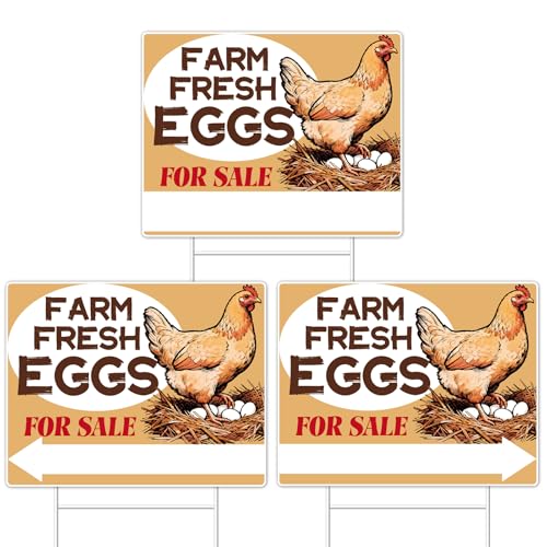GXGGUS Farm Fresh Eggs Sign 3-Pack 14x11 H-Metal Stakes Double-Sided Signs Corrugated Plastic Outdoor Yard Signs