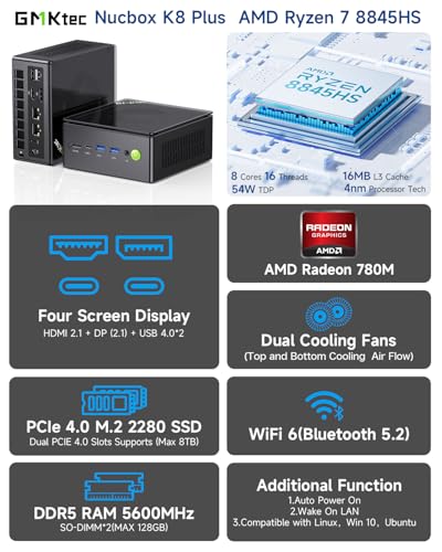 Image of GMKtec Gaming Mini PC K8 Plus AMD Ryzen 7 8845HS(8C /16T, up to 5.1GHz) 32GB DDR5 RAM 512GB SSD, Desktop Computer Dual NIC 2.5G, HDMI 2.1, USB4