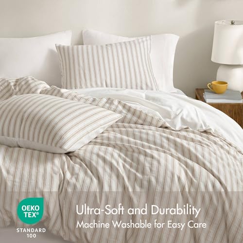 Image of Madison Park Linen Cotton Rayon Blend Duvet Cover Set, 3PC Queen | Striped Design, Lightweight & Breathable Bedding with Shams, Tan