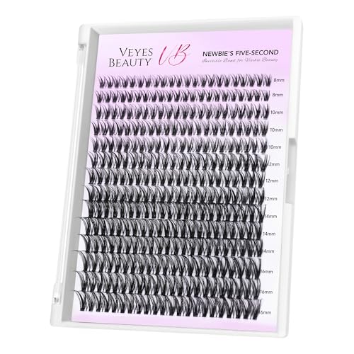 VEYESBEAUTY Lash Clusters Individual Eyelash Extensions Thin & Invisible Band DIY False Eyelashes for Self-application Newbies Five-Second Series Wispy Lash Tray Ribbon 8-16mm Mixed Length