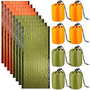 8 Pack Emergency Sleeping Bag Lightweight Thermal Survival Sleeping Bag Waterproof Emergency Blankets Portable Bivy Sack Survival Gear for Outdoor Camping Hiking Adventure, Green and Orange