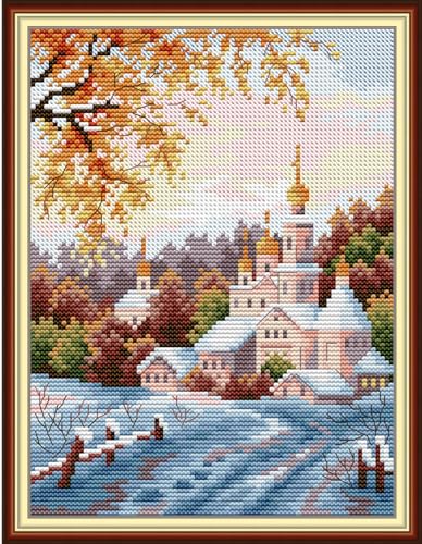 Image of CROSSDECOR Cross Stitch Kits for Adults,Stamped Cross Stitch Kits,DIY Needlepoint Kits for Beginners Counted Embroidery Craft Supplies for Home Decor - Church 7.8x10.6in