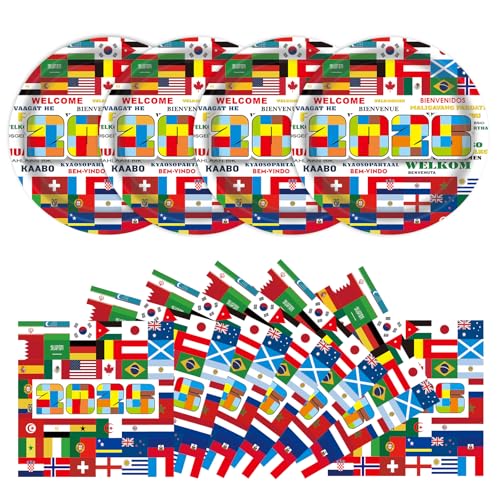 50PCS International World Flags Plates and Napkins - 7 Inch Disposable Dessert Plates 2026 Global Soccer Match Viewing Party Supplies for Sports Events Birthday Travel Decorations Serve for 25