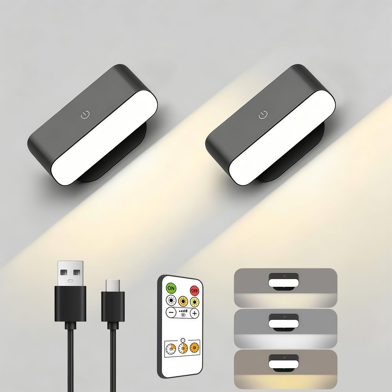 Alinana Rechargeable Indoor Wall Lights, Wireless Battery Operated Wall Lights with Dimmable, 3 Colour Modes, 360° Adjustable, for Living Room, Bedroom, Reading, Gallery, Hallway and Stairs, Black