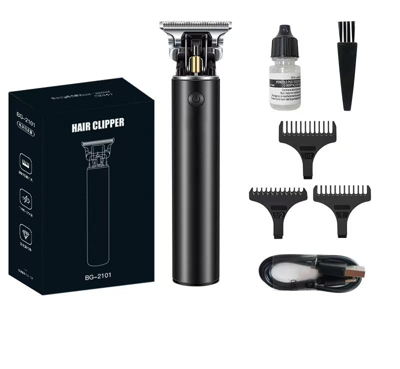 Professional Hair Clipper Set, Black, Electric Trimmer with Retro Oil Head Design, Carving Push Clipper with Attachments, BG-2101 (Black)
