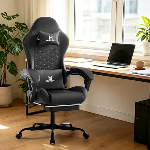 Image of Gaming Chair, Computer Office Chair with Footrest, Adjustable Height & Backrest Gaming Chairs with Swivel for Adults, High Back PU Leather Ergonomic Chair with Lumbar Support, Black