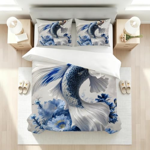 Housse de Couette 140x200 Carpe Koï Bleue en Microfibre avec 2 Taies