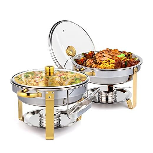 ROVSUN 5QT 2 Packs Chafing Dish Buffet Set Gold Accent, NSF Round Stainless Steel Buffet Warmer Chafers and Buffet Warmers Sets with Glass Lid & Lid Holder for Catering Events Parties Weddings Dinners