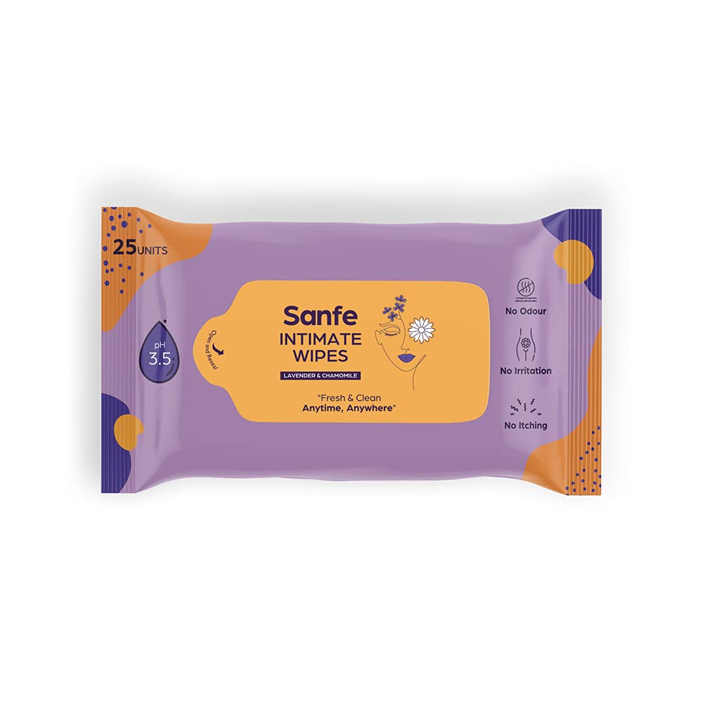 Sanfe Intimate Wipes- Pack of 25 I Lavender & Chamomile | Soothing Fragrance | Intimate Wipes | Odour Free | Refreshing I Anti-Bacterial I Hyderating