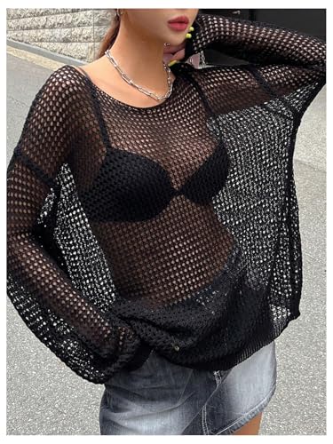 SweatyRocks Women's Oversized Long Sleeve Sheer Knit Sweater Tops Y2K Hollow Out Pullover Coverups4