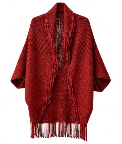 Image of Bold N Elegant Winter Woolen Shawl Collar Warm Open Front Poncho Cardigan Standard Length Shrug Style Wrap with Tassel Fringe Hem and Sleeves for Women