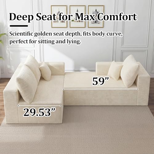 Image of 108 inch Modular Sectional Sofa, L-Shape Cloud Couch with Deep Seats & Chaise,4-in-1 Covertible Corduroy Boneless Couches for Living Room,Bedroom,No Need Assembly - Beige(Right Facing Chaise)